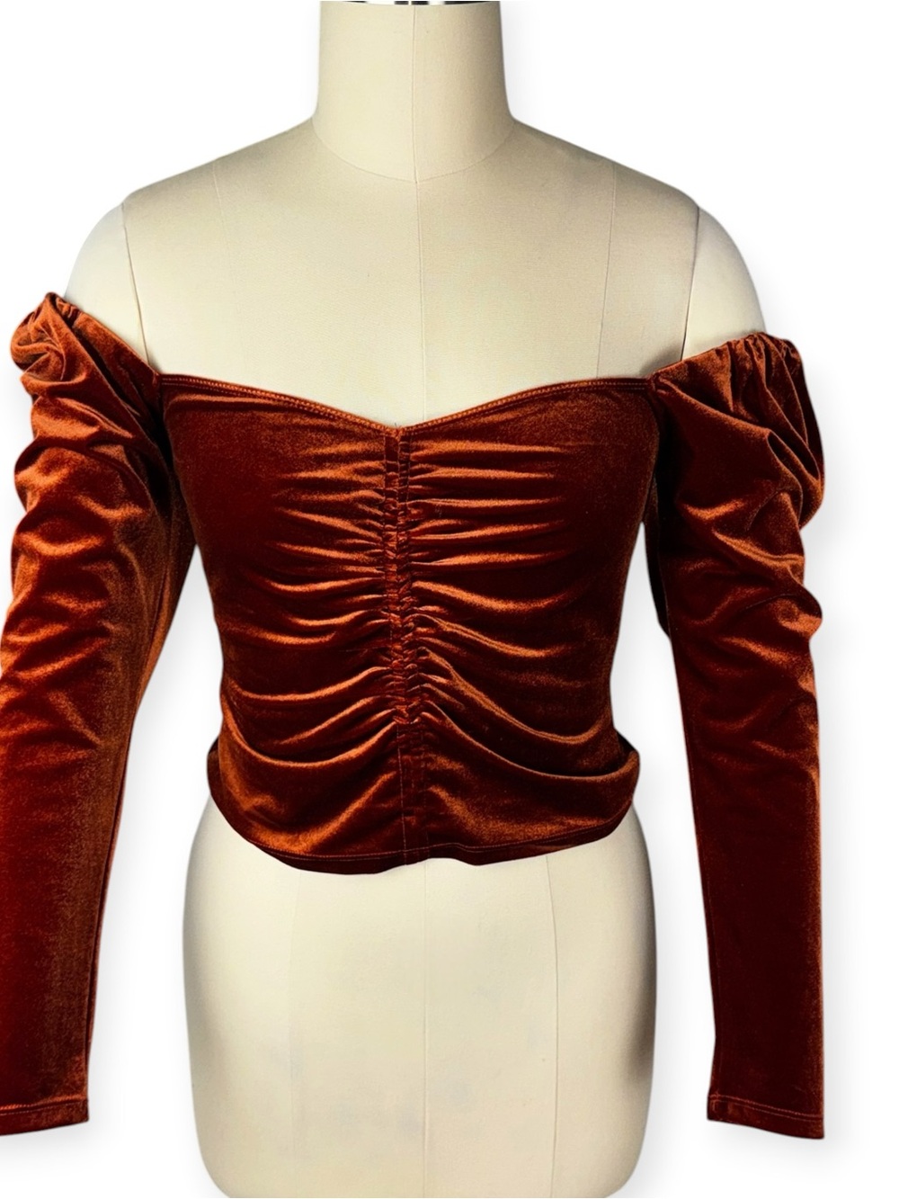 ASTR The Label Rust Velvet Ruched Crop Top M Off Shoulder Y2K